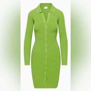 Aritzia Lime Green Ribbed Button-Front Long Sleeve Dress